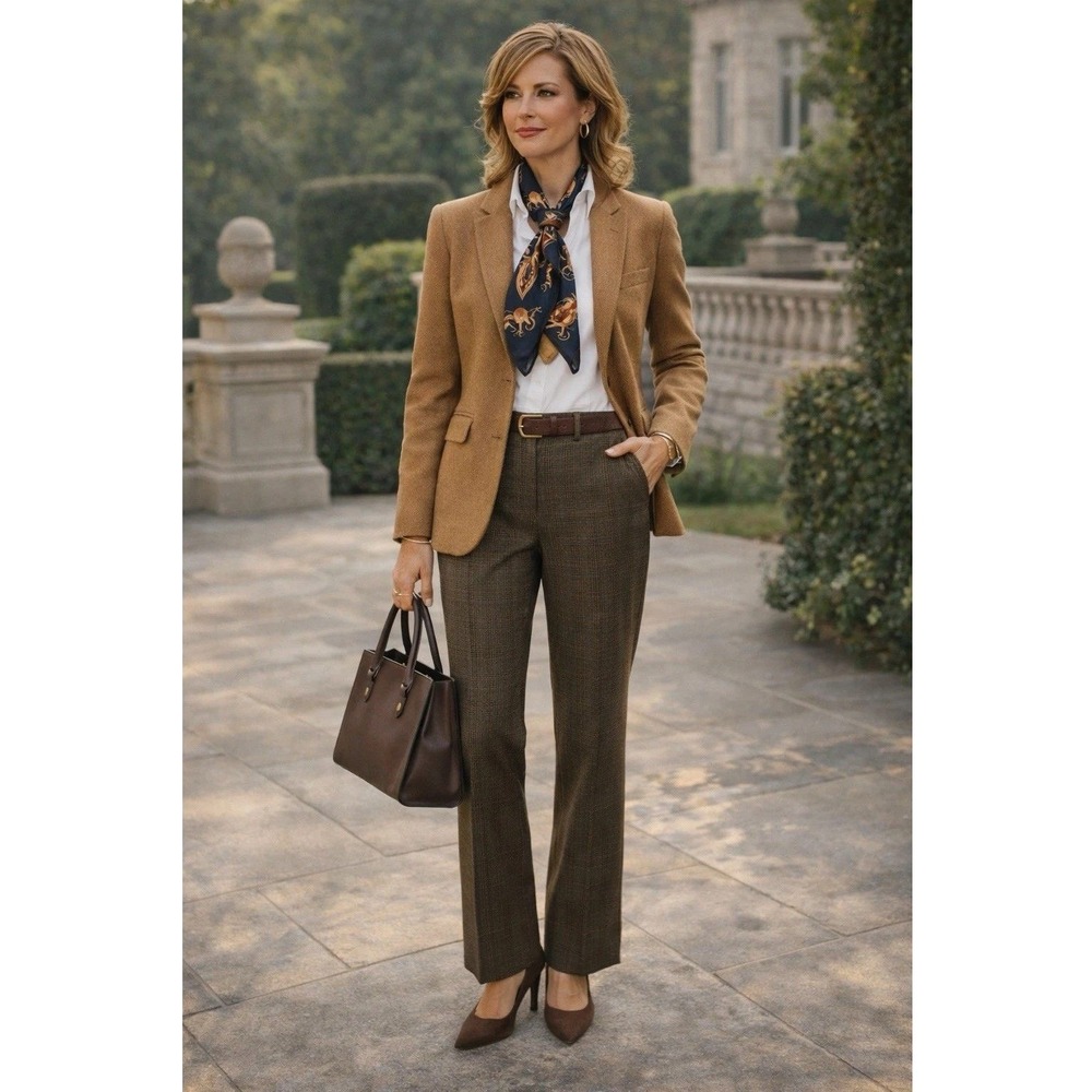 Lauren Ralph Lauren Adelle Trousers Women 20W Brown Houndstooth Plaid Pants